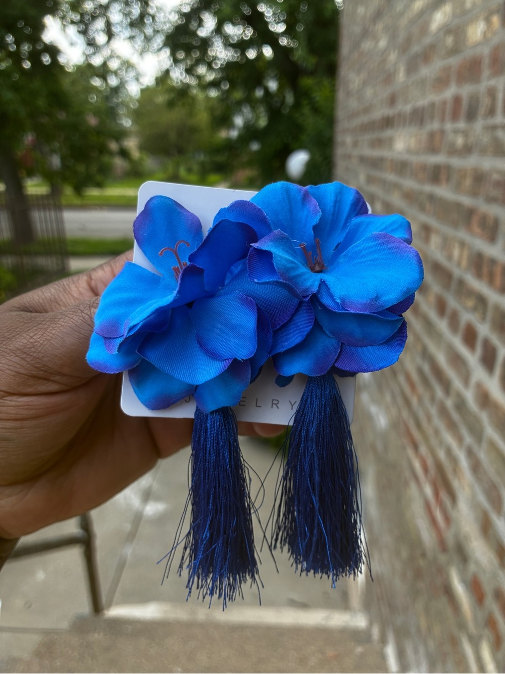 Vibrant Royal Blue Floral Tassel Earrings